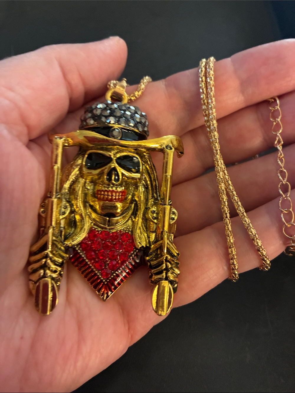 Skull Pendant Necklace with Red Crystal Chest and Black Crystals On His Head